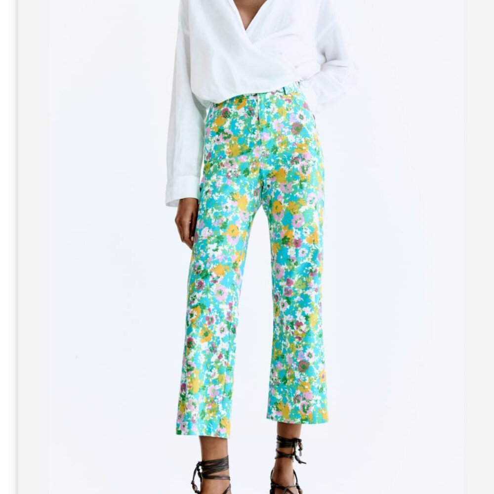 NWT ZARA PRINTED LINEN-BLEND MINI FLARE TROUSERS - Multicoloured